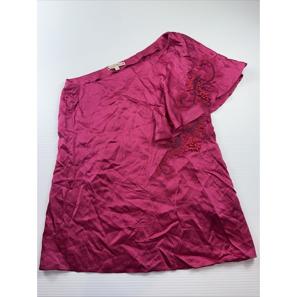 Nanette Lepore Women's Ruffle Blouse Cold One Shoulder Pink Beaded Sz 2